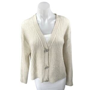H&M Women's Cream White Wool Rib Knit Button Long Sleeve Cardigan Sweater Sz XL
